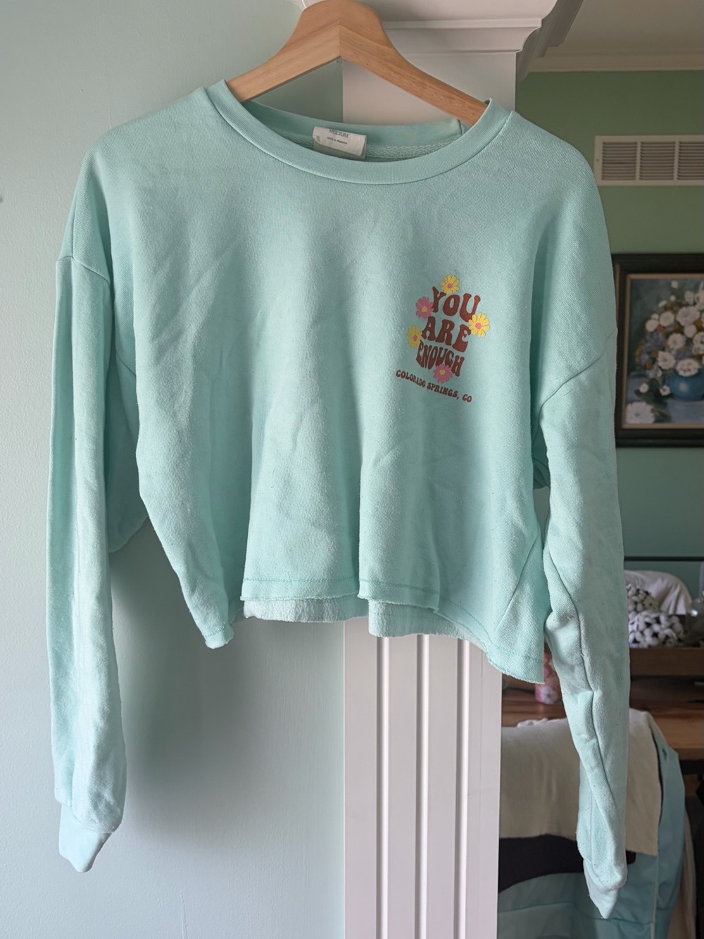 Mint Cropped Crewneck Sweatshirt with 'You Are Enough' Graphic